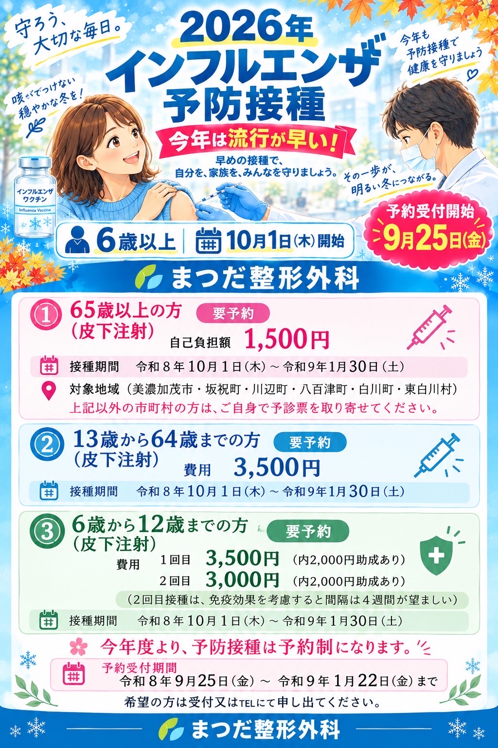 インフルエンザ予防接種、新型コロナ予防接種のお知らせ（※すみません